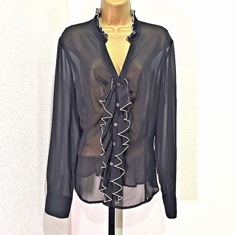Black Sheer Button Ruffle Poet Top Large Whimsigoth Frilly Feminine Dark Romance